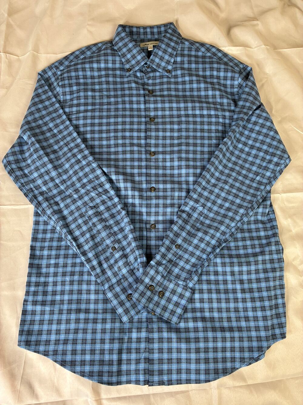 Peter Millar Mens Large Plaid Button Down Shirt Blue Black Brown L/S Vietnam